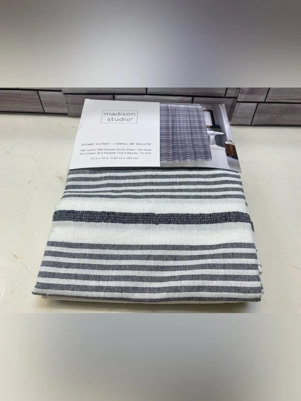 Madison Studio ❤️Stripe Shower Curtain 72”x72” Gray & White NWT